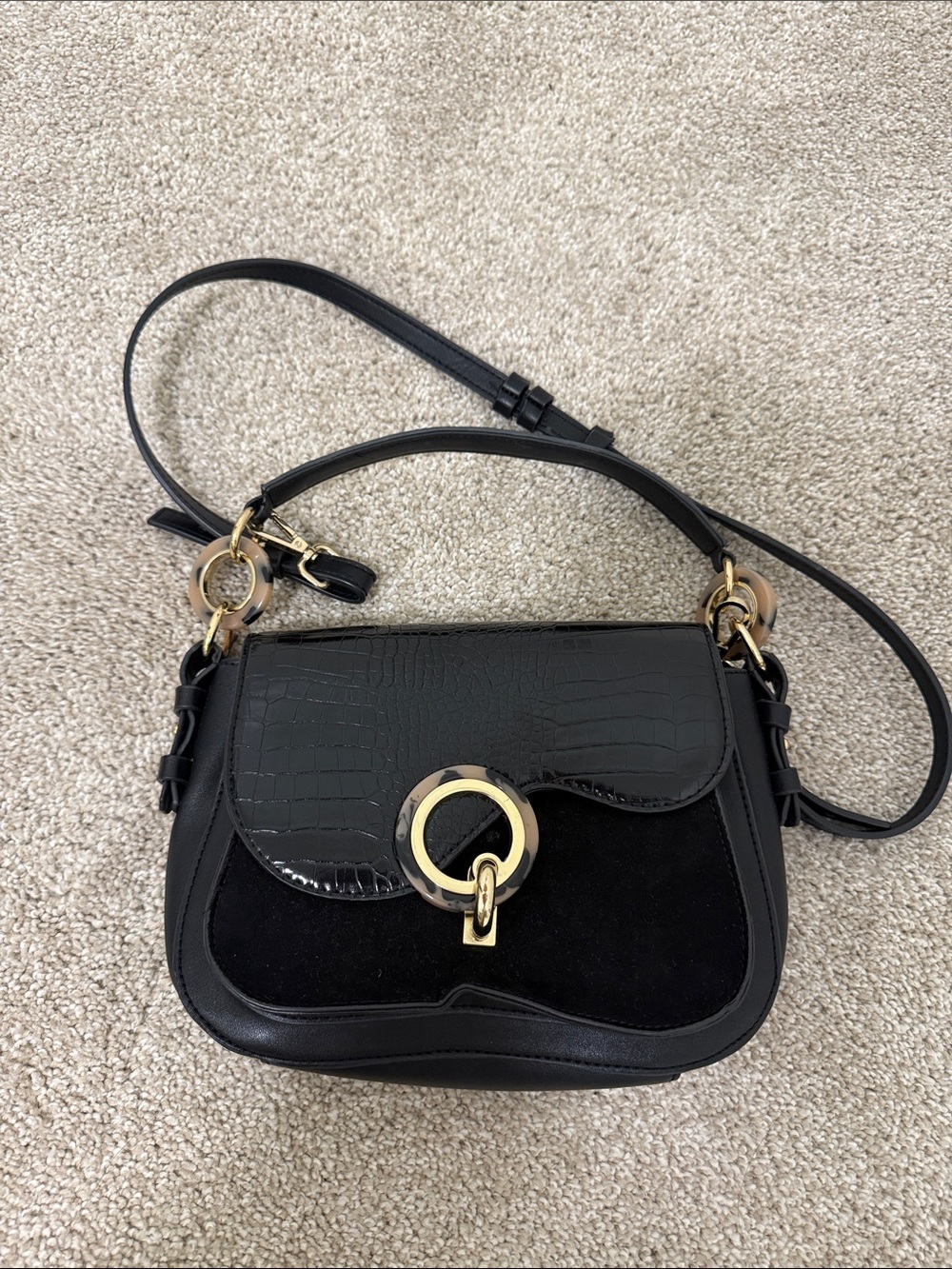Black Faux-Croc Crossbody Shoulder Bag with Gold Ring Hardware